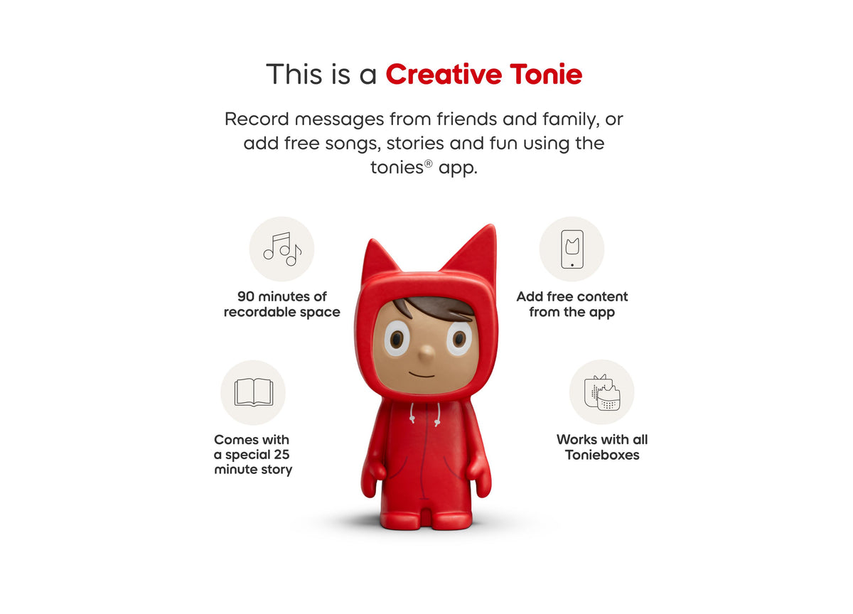 Red Rubie Creative Tonie character figure with cat ears, shown with Toniebox Lite starter set features