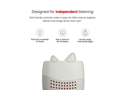Toniebox Lite speaker with cat ears in cream and gray, featuring red control dots
