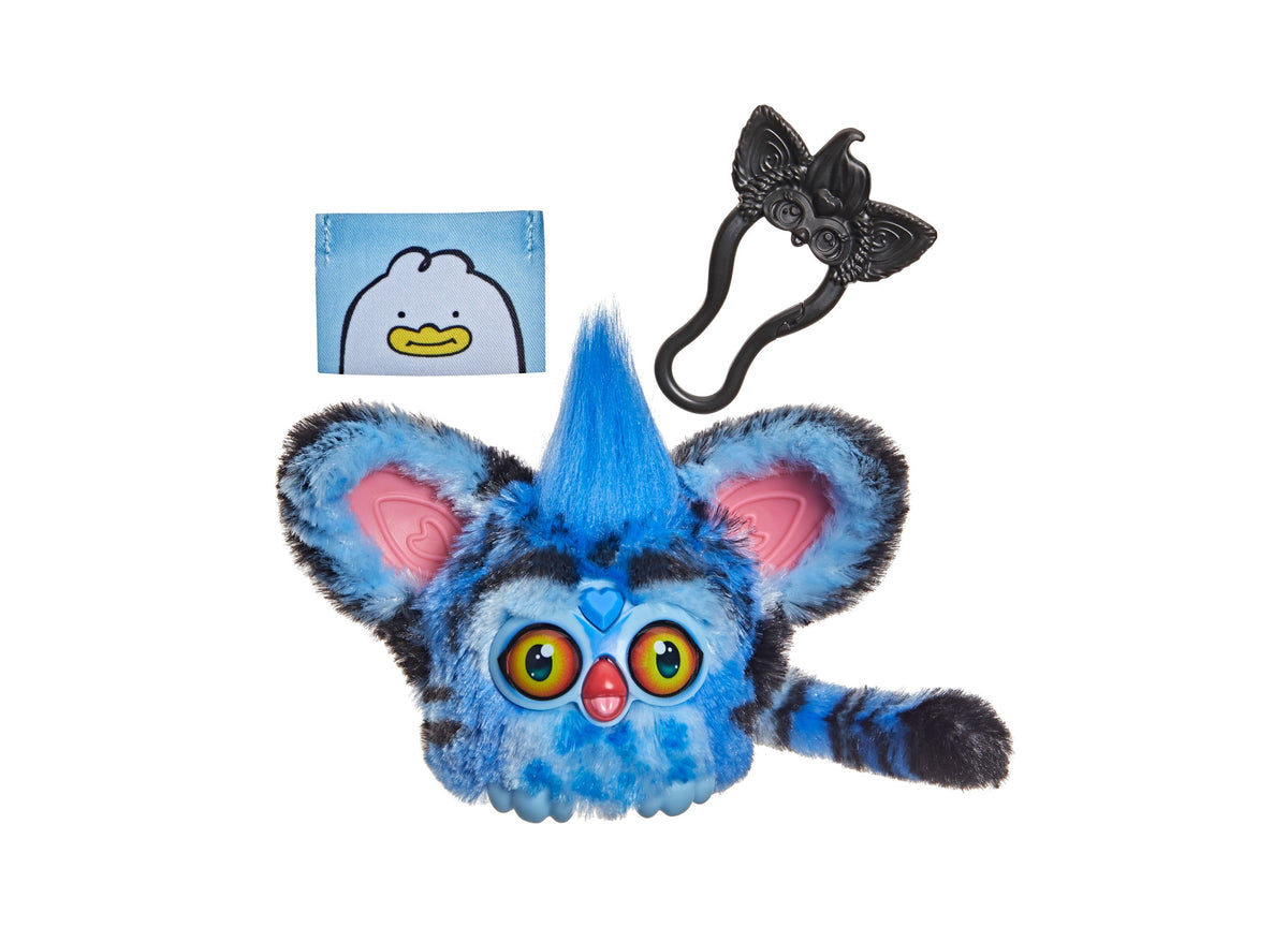 Furby KPop Demon Hunters Derpy Tiger 3 interactive plush in blue with orange eyes, includes removable clip and access...