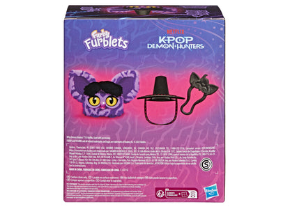 Furby KPop Demon Hunters Saja Boy purple plush toy with yellow eyes and black hair
