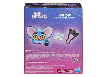 Furby KPop Demon Hunters blue interactive plush with yellow eyes, includes removable clip