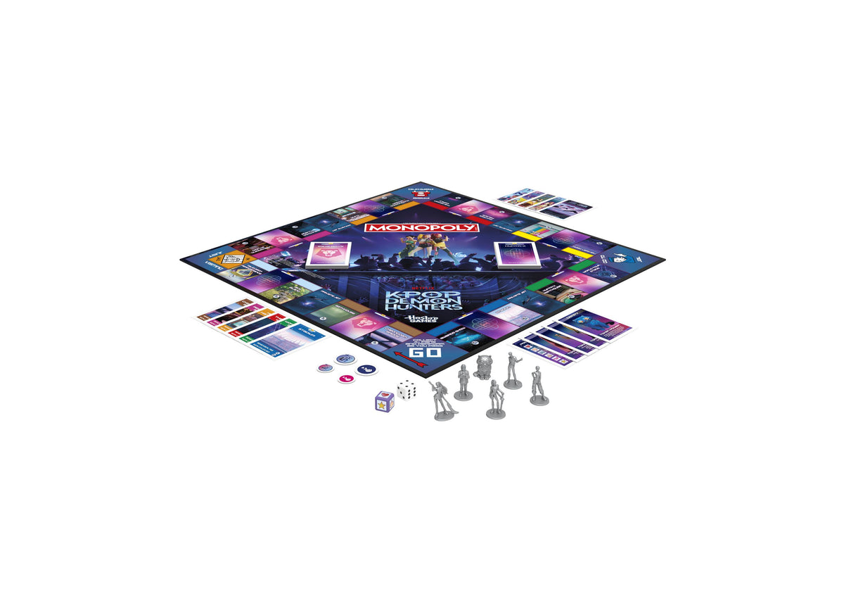 Monopoly KPop Demon Hunters Edition board game with purple and blue game board, character pieces, cards, and dice