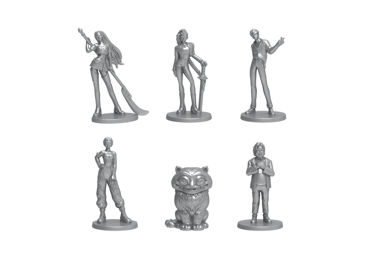 MONOPOLY KPop Demon Hunters Edition game pieces including character figurines and a cat figurine displayed on...