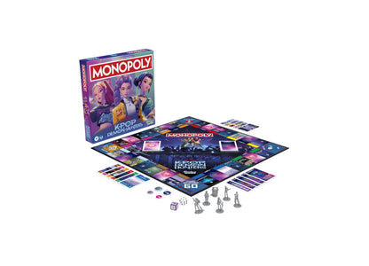 MONOPOLY KPop Demon Hunters Edition board game with purple box, game board, character tokens, cards, and dice displayed