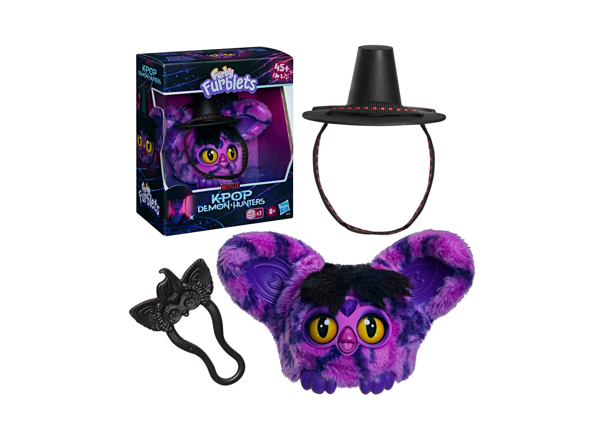 Furby KPop Demon Hunters purple plush toy with accessories and black hat