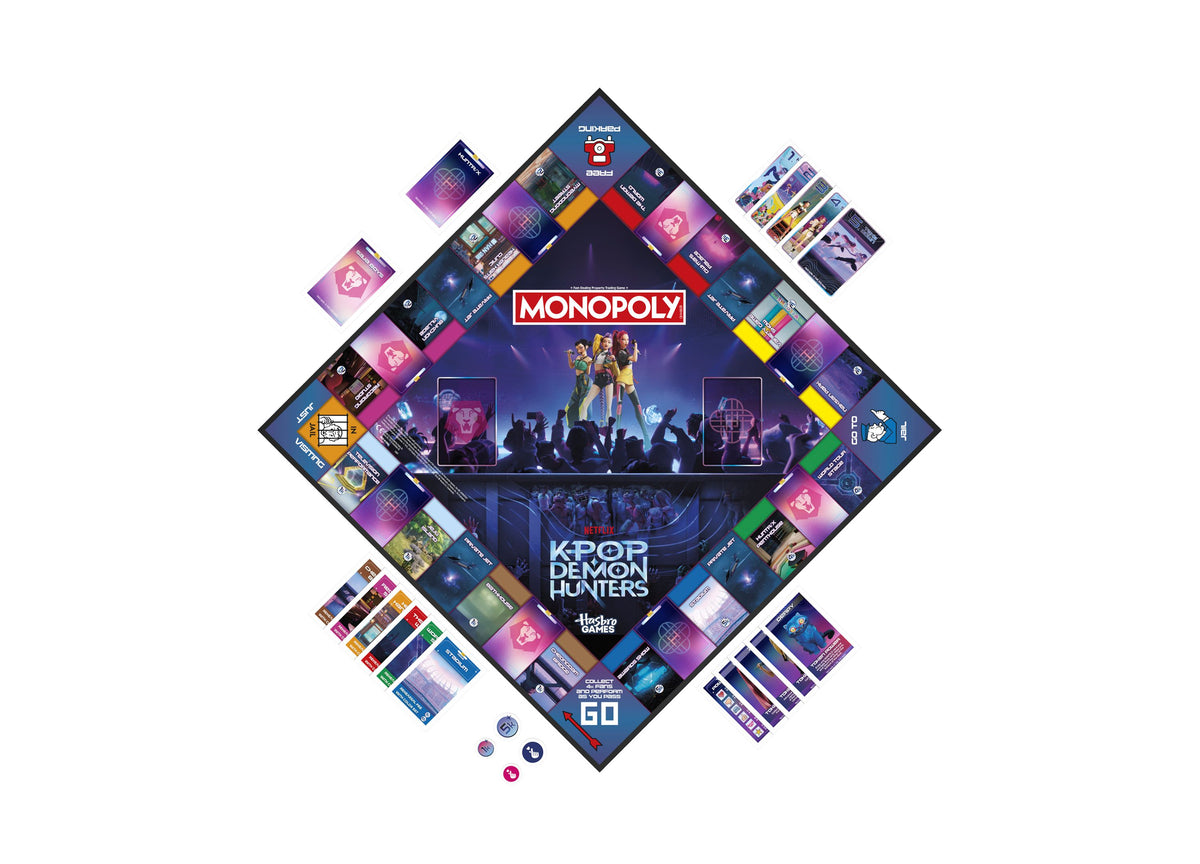 MONOPOLY KPop Demon Hunters Edition board game with purple and blue box, game board, cards, and tokens displayed