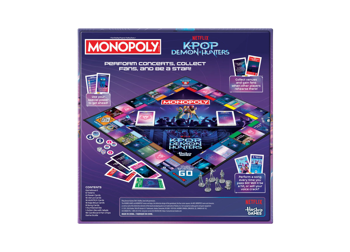 MONOPOLY KPop Demon Hunters board game with purple box showing game board, cards, tokens, and dice