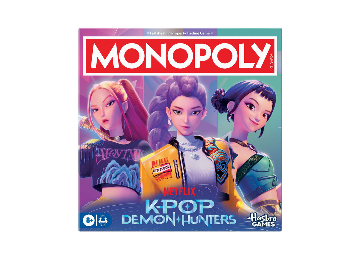 MONOPOLY K-Pop Demon Hunters board game box featuring three animated female characters in colorful outfits against a ...