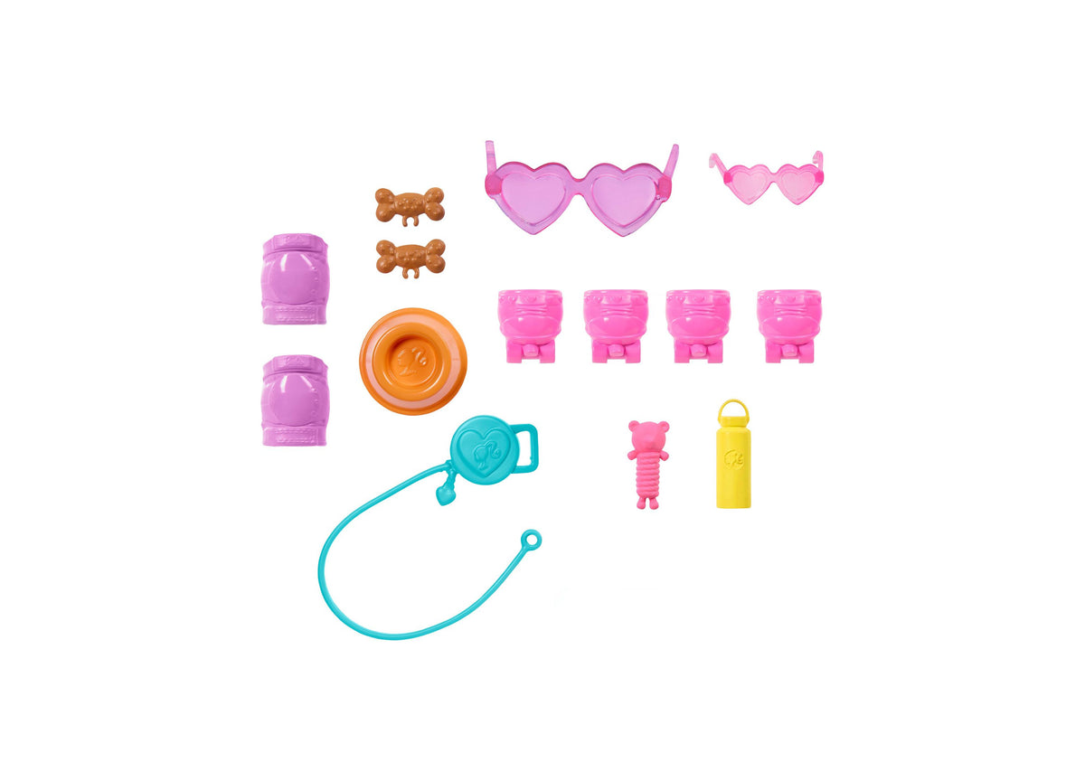Barbie Skate and Run Pup doll set with pink heart-shaped sunglasses, roller skates, puppy figure, and accessories in ...