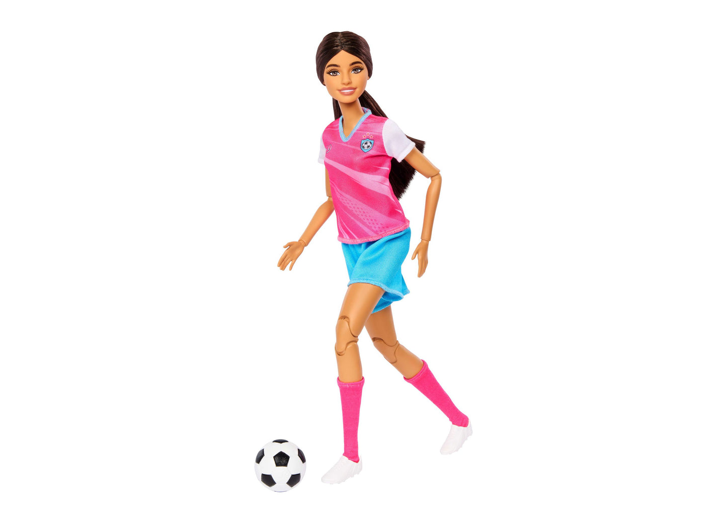 Barbie Roll & Reveal Soccer Player doll in pink jersey and blue shorts with soccer ball