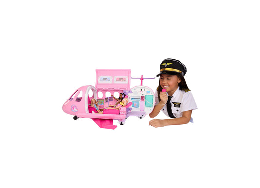 Barbie Dream Plane 15-piece airplane playset in pink with child in pilot outfit demonstrating the toy