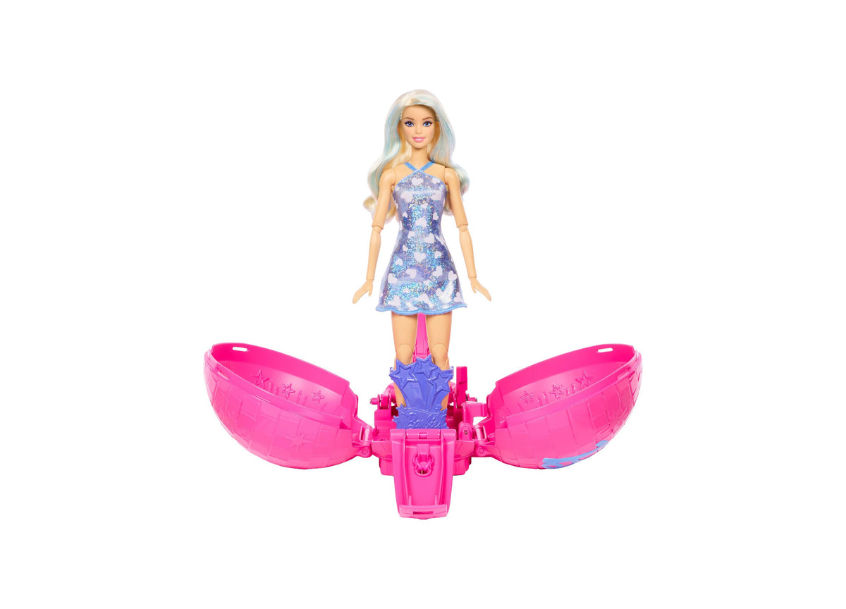 Barbie Roll & Reveal Pop Star doll with light blue hair in purple sequin dress, standing on pink rolling ball base wi...