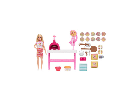 Barbie Pizza Shop playset with blonde doll, pink pizza oven, counter, register, 25 accessories including pizzas and t...