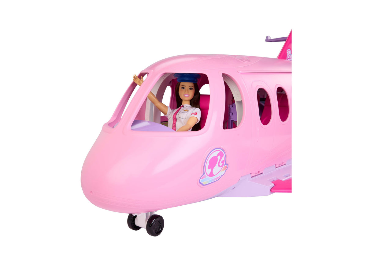 Barbie Dream Plane pink airplane playset with Barbie doll pilot figure waving from cockpit window