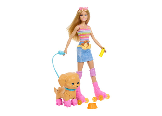 Barbie Skate and Run Pup doll with blonde hair in rainbow striped top, denim skirt, roller skates, holding leash conn...