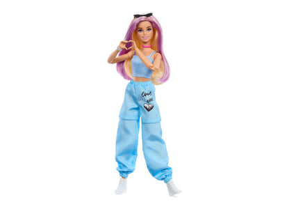 Barbie Deluxe Style 11" Fashion Doll with purple and blonde color-change hair, wearing blue crop top and joggers with...