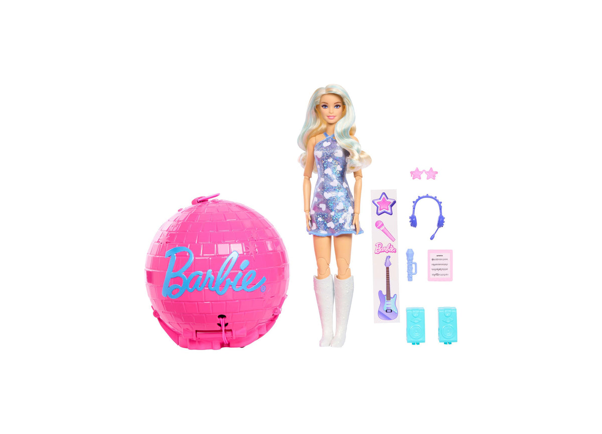 Barbie Roll & Reveal Pop Star doll with blonde hair in purple sequin dress, white boots, pink ball, purple guitar, he...