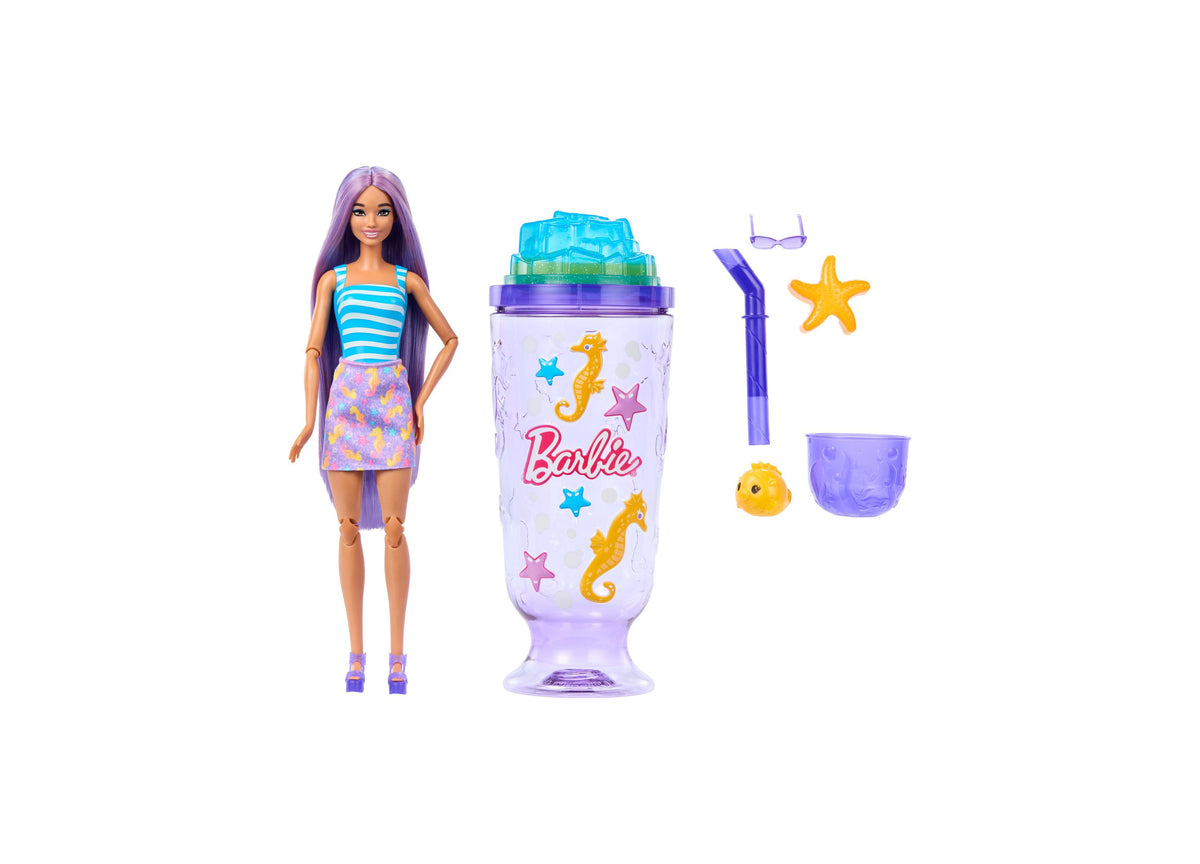 Barbie Pop Reveal Sea Slushy doll with purple hair, striped top, and colorful skirt, shown with slime cup, starfish, ...
