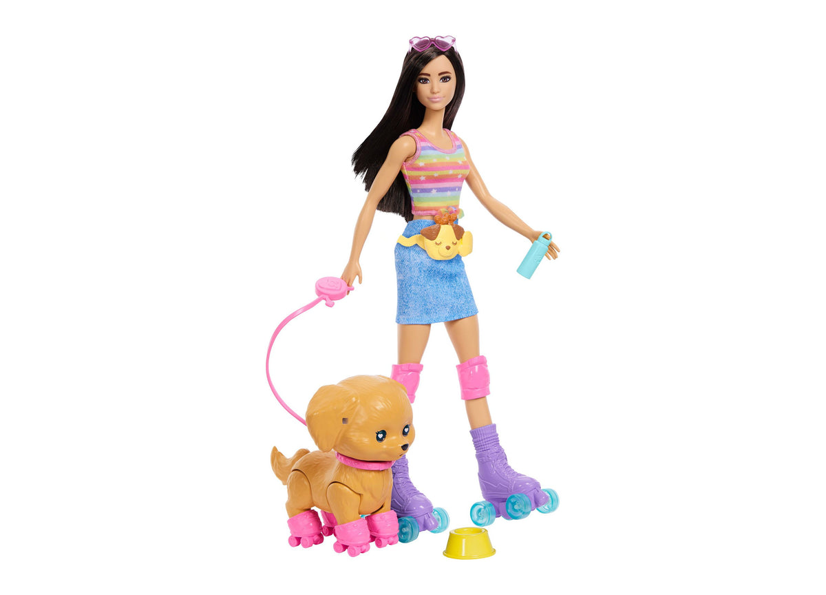 Barbie Skate and Run Fashion Doll with roller-skating puppy, featuring rainbow striped top, blue skirt, and matching ...