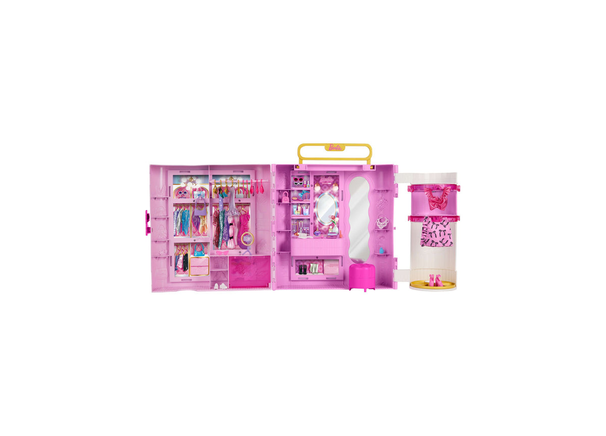 Barbie Deluxe Style Closet playset with pink storage, clothing racks, mirror, and spin-style feature tube