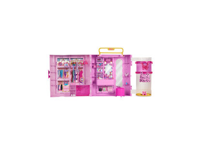 Barbie Deluxe Style Closet playset with pink storage, clothing racks, mirror, and spin-style feature tube