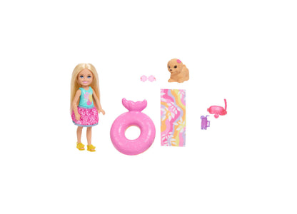 Barbie Chelsea Summer Vacation Pool Party playset with blonde Chelsea doll, pink pool ring, waterslide, puppy, and ac...
