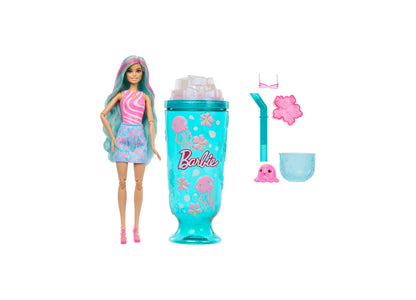 Barbie Pop Reveal Sea Slushy doll with pink and teal hair, turquoise drink accessory, pink pet, and styling pieces