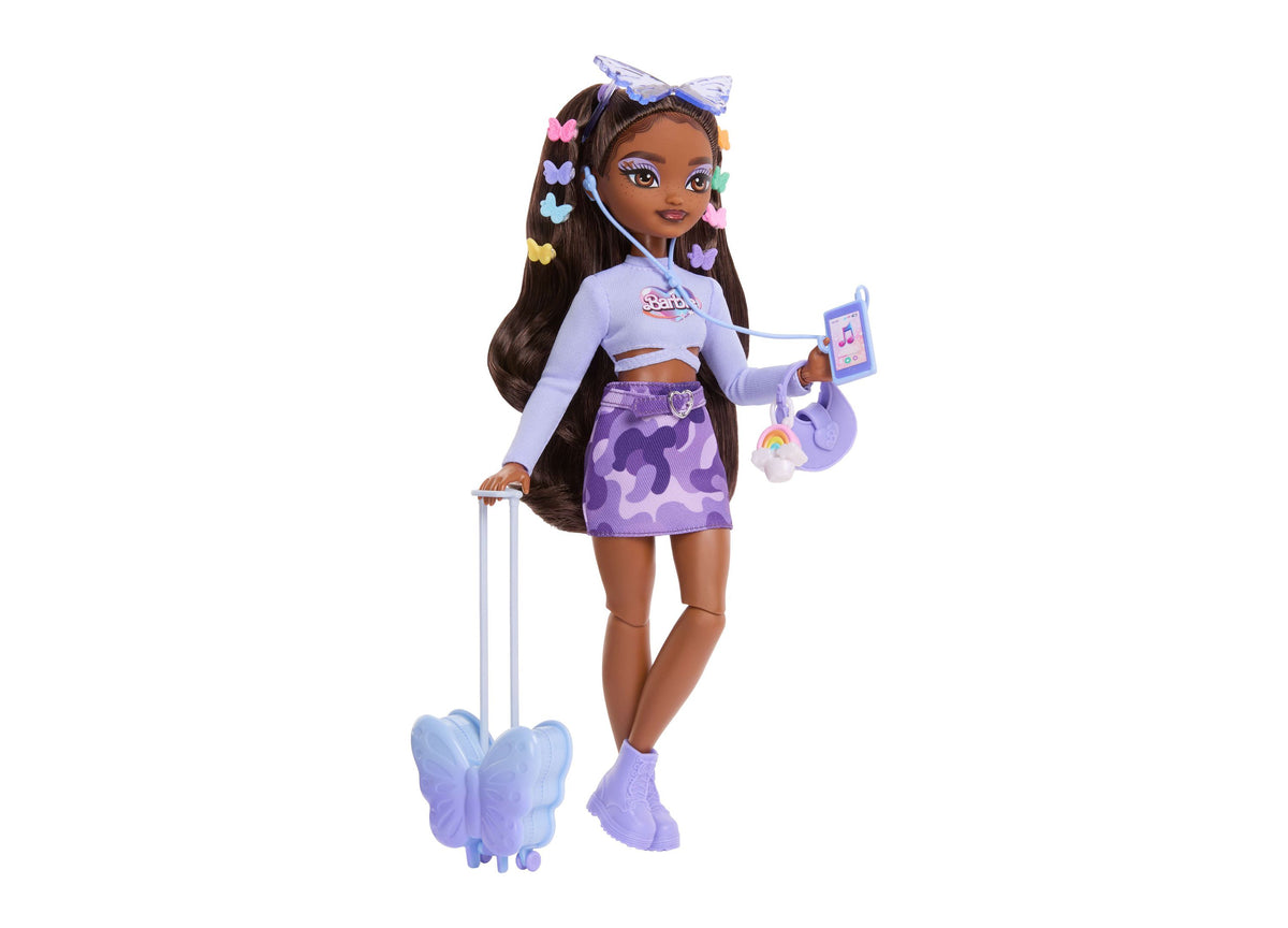 Barbie Dream Besties Brooklyn fashion doll in purple outfit with butterfly hair clips, holding phone and luggage