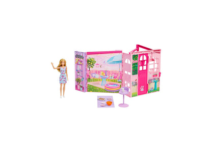 Barbie Weekend Escape Foldable Dollhouse with Barbie doll, pink multi-room playset, and accessories