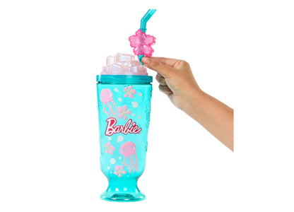 Barbie Pop Reveal Sea Slushy doll with turquoise cup, pink flower-topped straw, and jellyfish designs