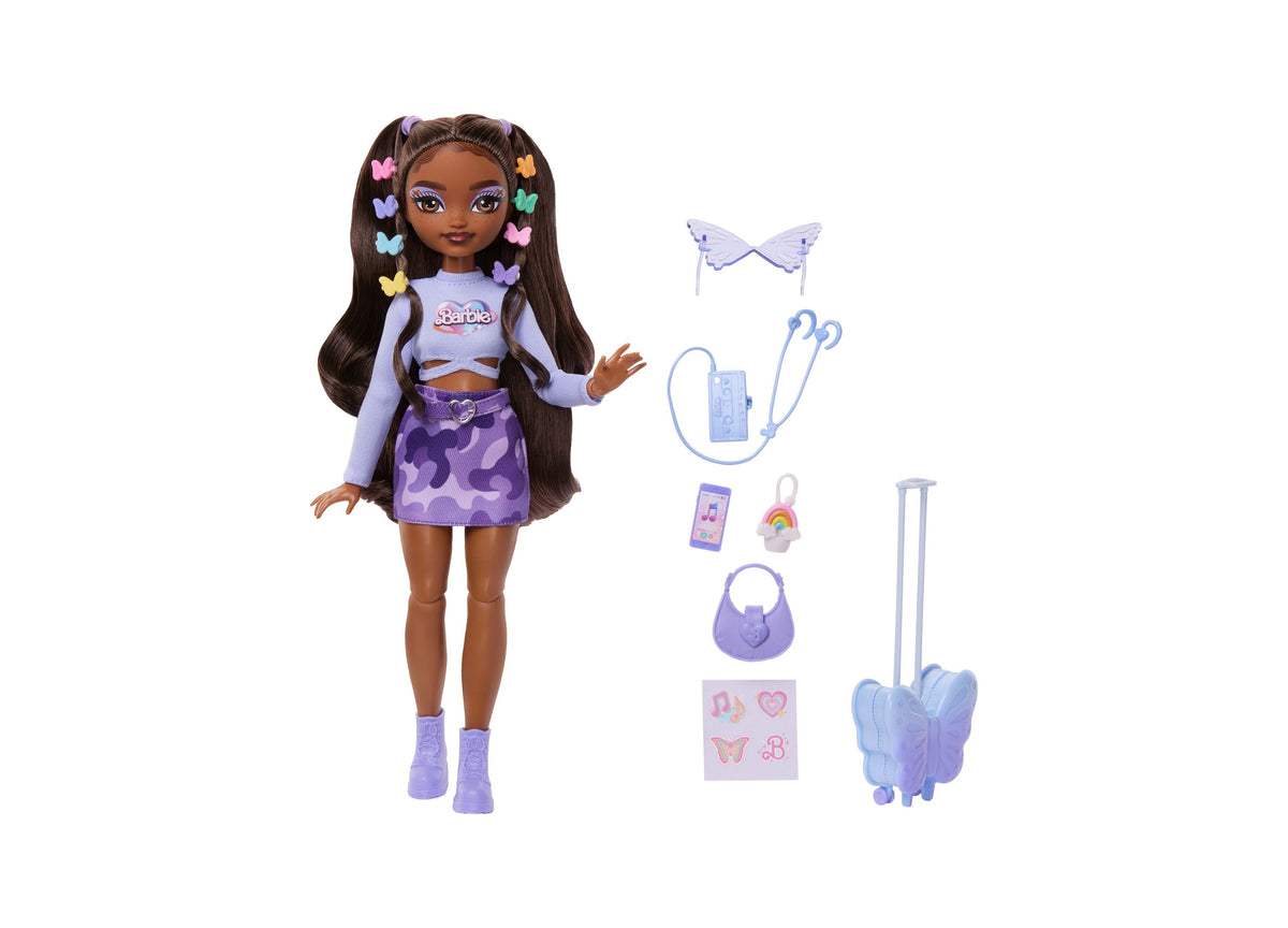 Barbie Dream Besties Brooklyn fashion doll with long dark hair, butterfly clips, purple outfit, and travel accessorie...