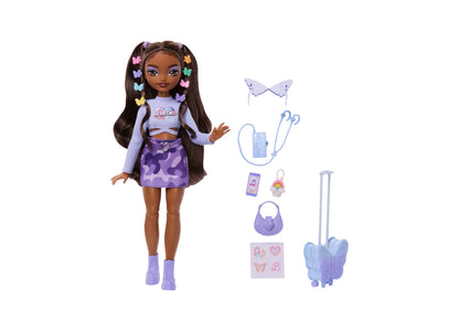 Barbie Dream Besties Brooklyn fashion doll with long dark hair, butterfly clips, purple outfit, and travel accessorie...