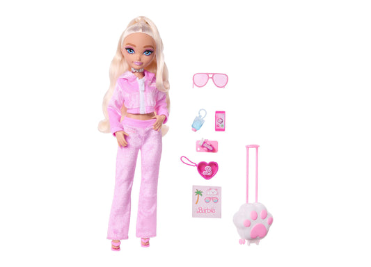 Barbie Dream Besties Weekend Getaway Malibu doll in pink outfit with blonde hair, shown with 7 travel accessories inc...