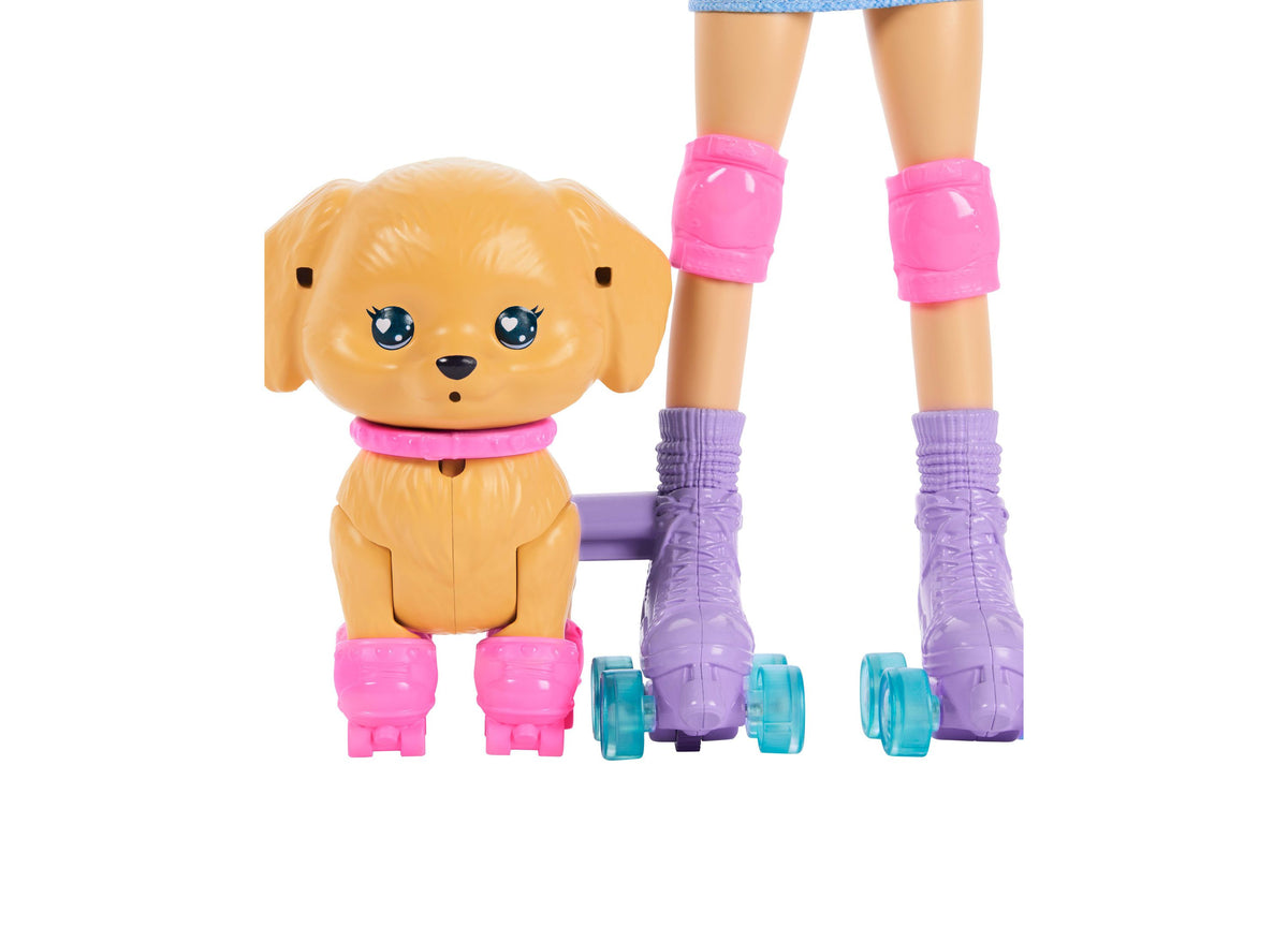 Barbie Skate and Run doll with golden puppy companion, both wearing matching pink and purple roller skates