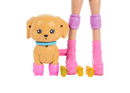Barbie Skate and Run Pup doll with golden puppy, pink roller skates, and purple knee pads
