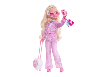 Barbie Dream Besties Weekend Getaway Malibu fashion doll in pink outfit with sunglasses, holding travel accessories a...