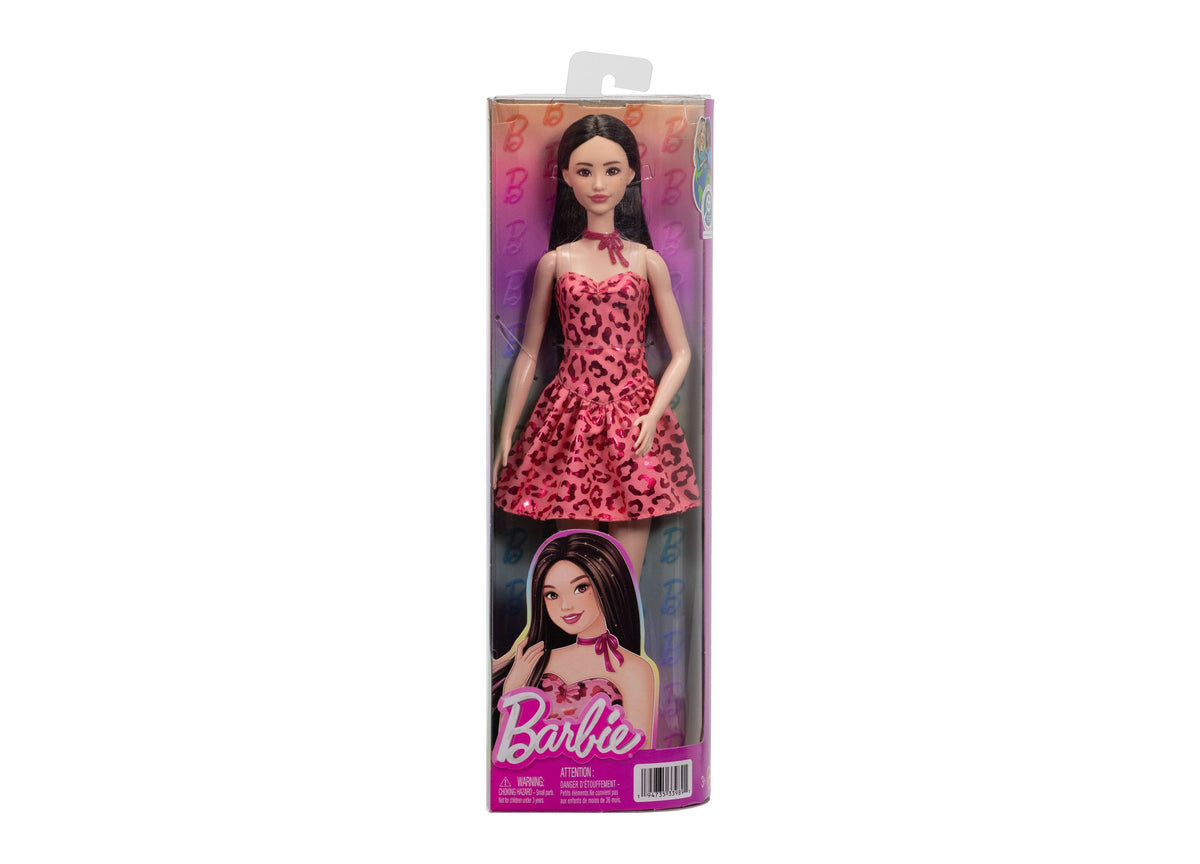 Barbie Fashionistas Doll 246 in leopard-print dress with black hair, shown in packaging