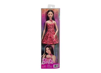 Barbie Fashionistas Doll 246 in leopard-print dress with black hair, shown in packaging