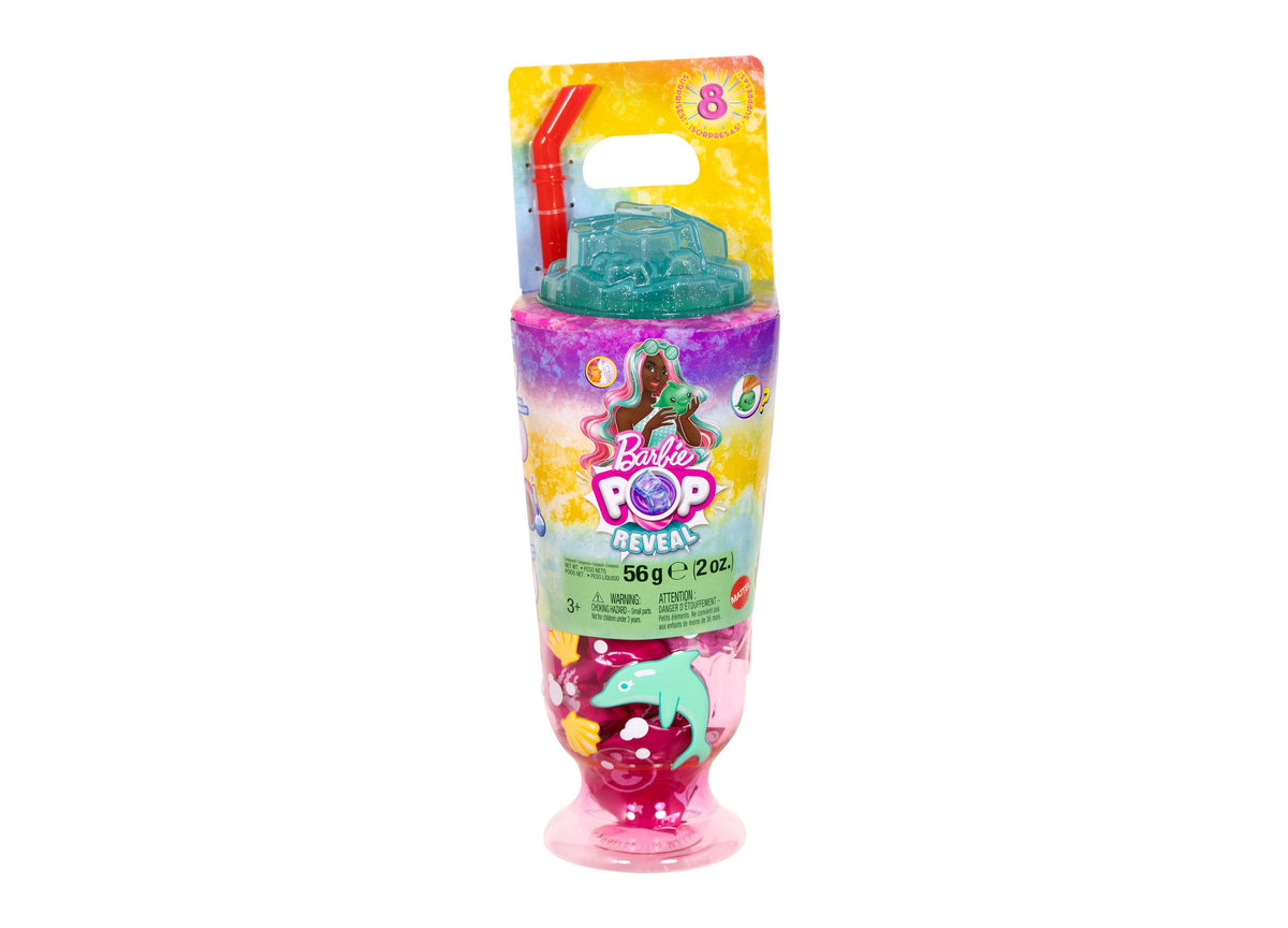 Barbie Pop Reveal Sea Slushy Series doll in colorful packaging with turquoise dome top and pink base
