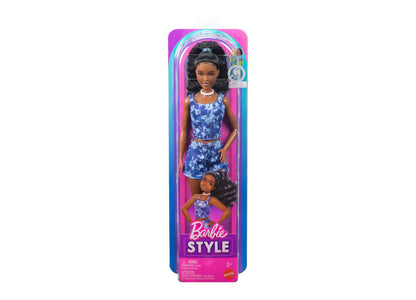 Barbie Fashionistas Style #248 doll in blue floral outfit with wavy hair and pearl choker, shown in packaging