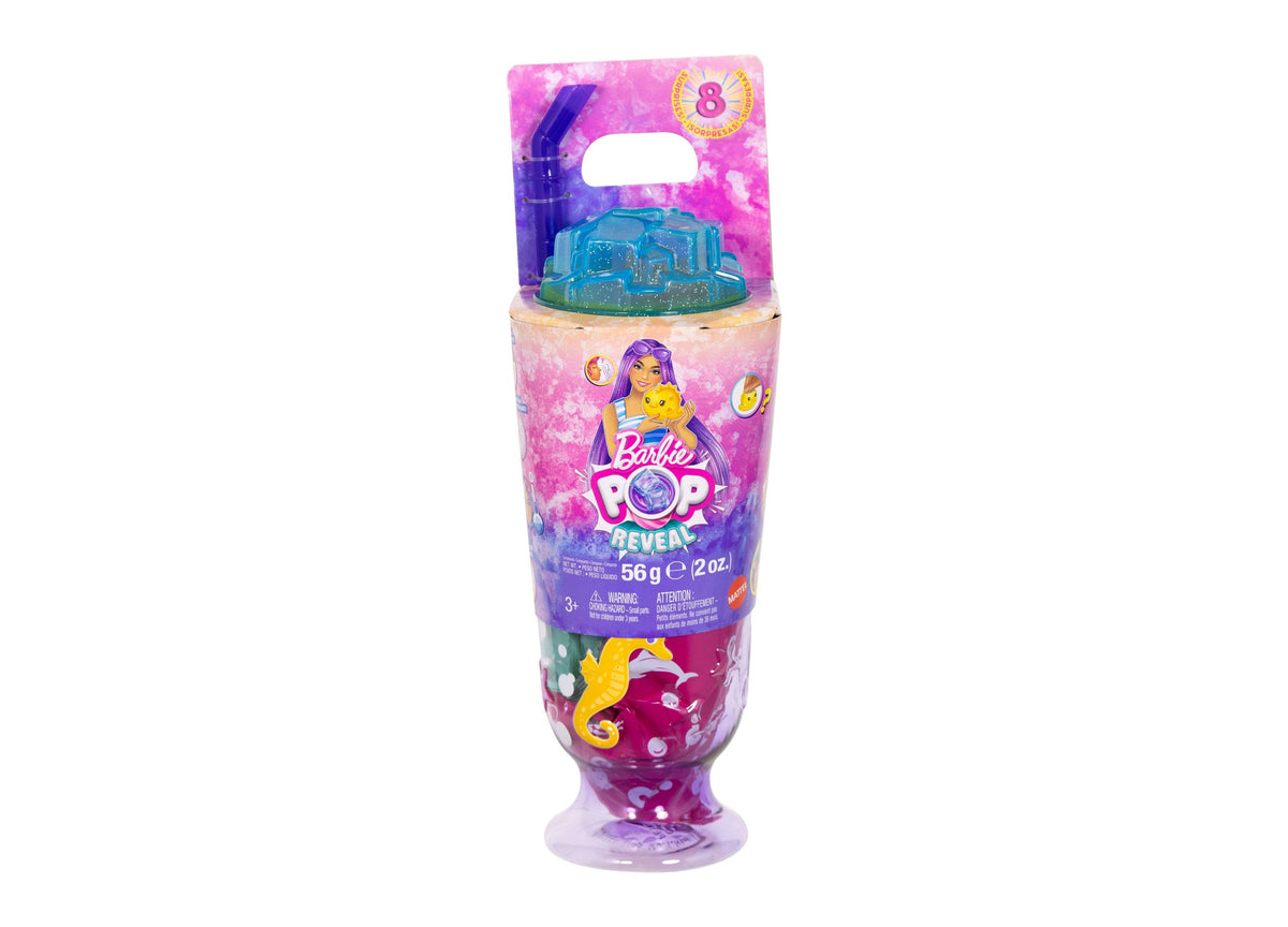 Barbie Pop Reveal Sea Slushy doll in purple packaging with blue dome container and pink slime cup