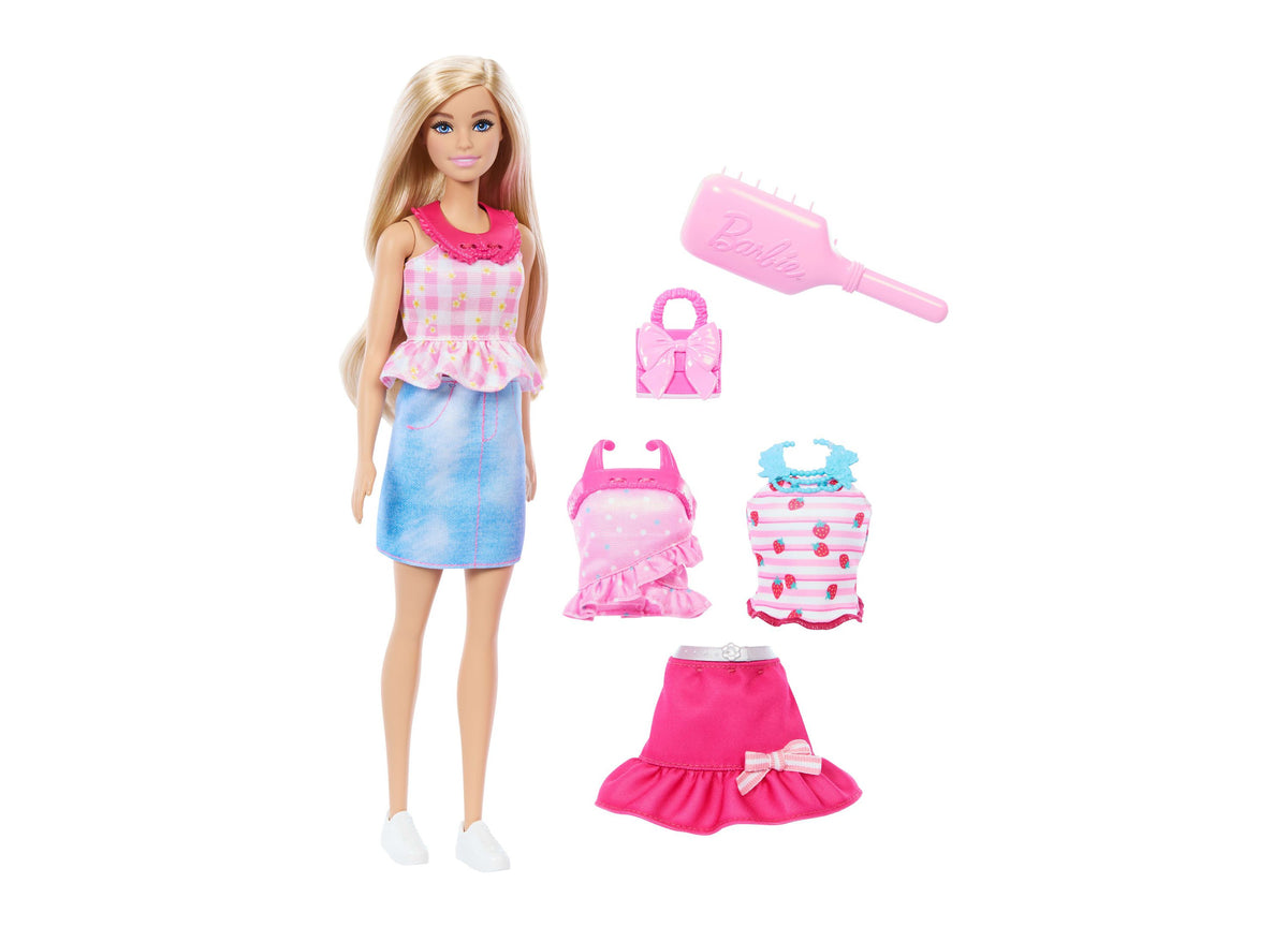 Barbie Easy to Dress doll with blonde hair in checkered top and denim skirt, shown with snap-on outfits, brush, and p...