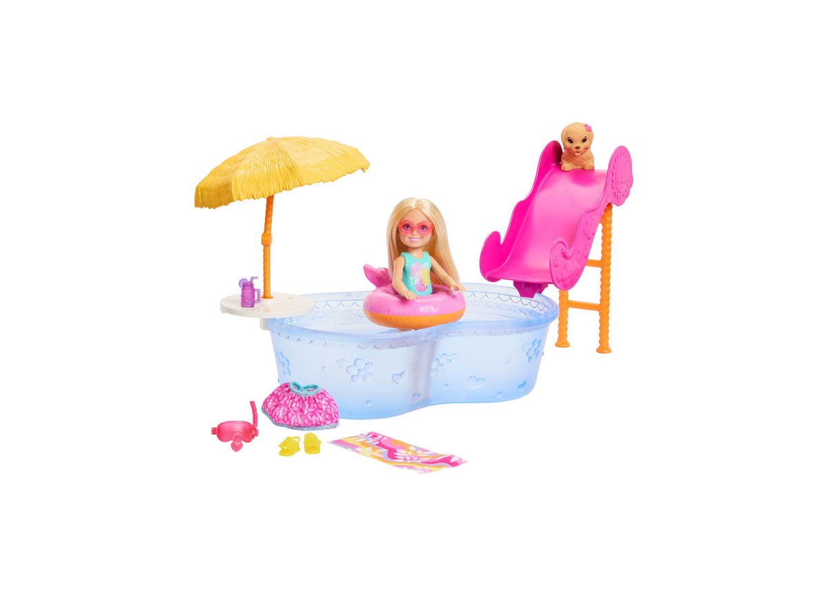 Barbie Chelsea Summer Vacation Pool Party Waterslide playset with Chelsea doll, pool, detachable slide, puppy, and ac...