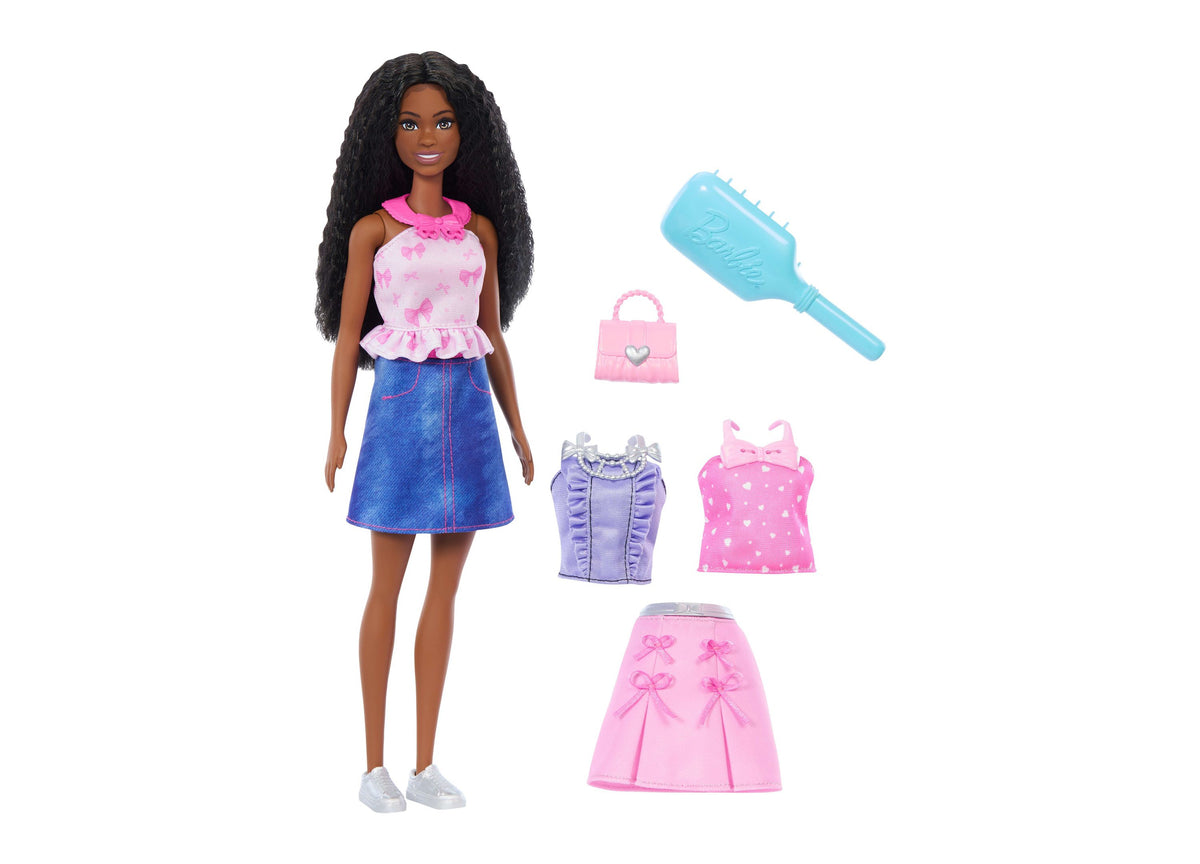 Barbie Brooklyn brunette doll with long black hair wearing pink and blue outfit, shown with five snap-on fashions, br...