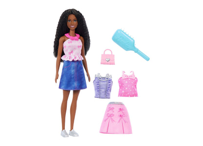 Barbie Brooklyn brunette doll with long black hair wearing pink and blue outfit, shown with five snap-on fashions, br...