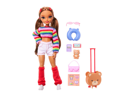 Barbie Dream Besties Teresa doll with rainbow striped top, white shorts, red leg warmers, braided pigtails, and 7 tra...