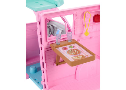 Barbie Dream Land Road Trip Camper playset in pink with open kitchen window, dropdown table with pizza design, and tr...