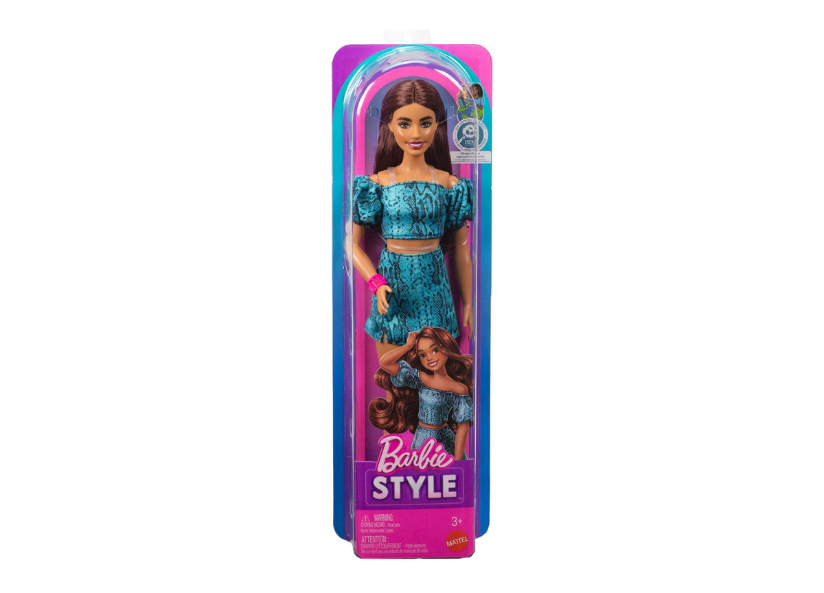 Barbie Fashionistas Style 250 doll in turquoise snake-print off-shoulder outfit with long brown hair