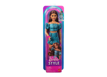 Barbie Fashionistas Style 250 doll in turquoise snake-print off-shoulder outfit with long brown hair