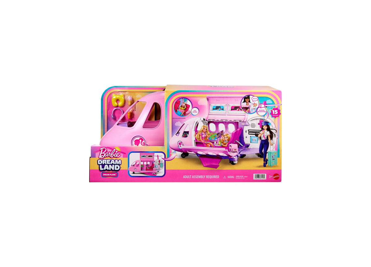 Barbie Dream Plane 15-piece airplane playset in pink and purple with Barbie doll and accessories